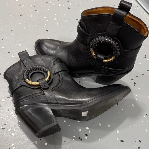 See By Chloe Black Ankle Boots with Gold Accent